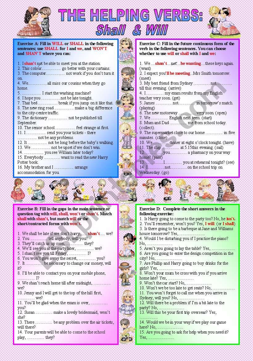 HELPING VERBS - SHALL & WILL - (( 4 Exercises & 59 sentences to complete )) - elementary/intermediate - (( B&W VERSION INCLUDED ))