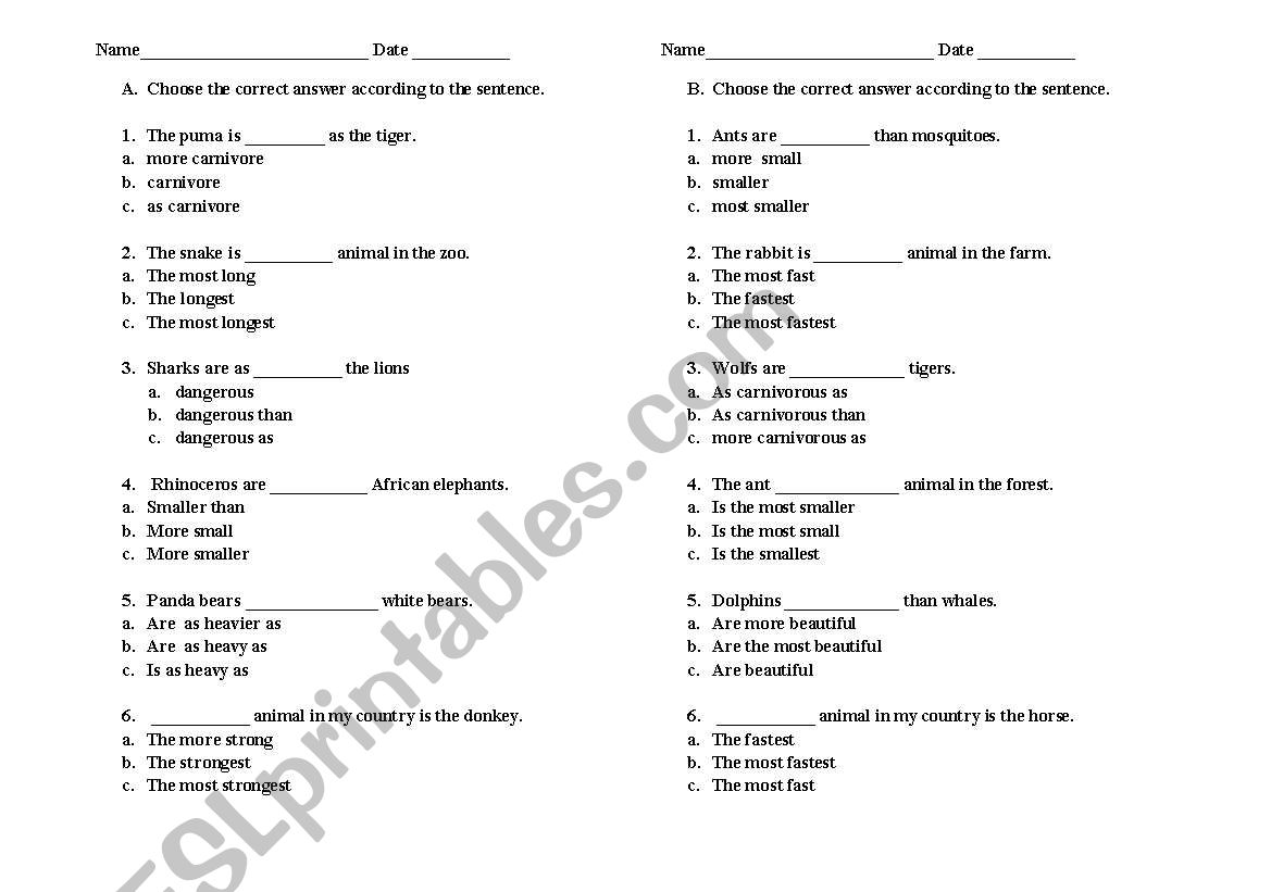 COMPARING ANIMALS worksheet