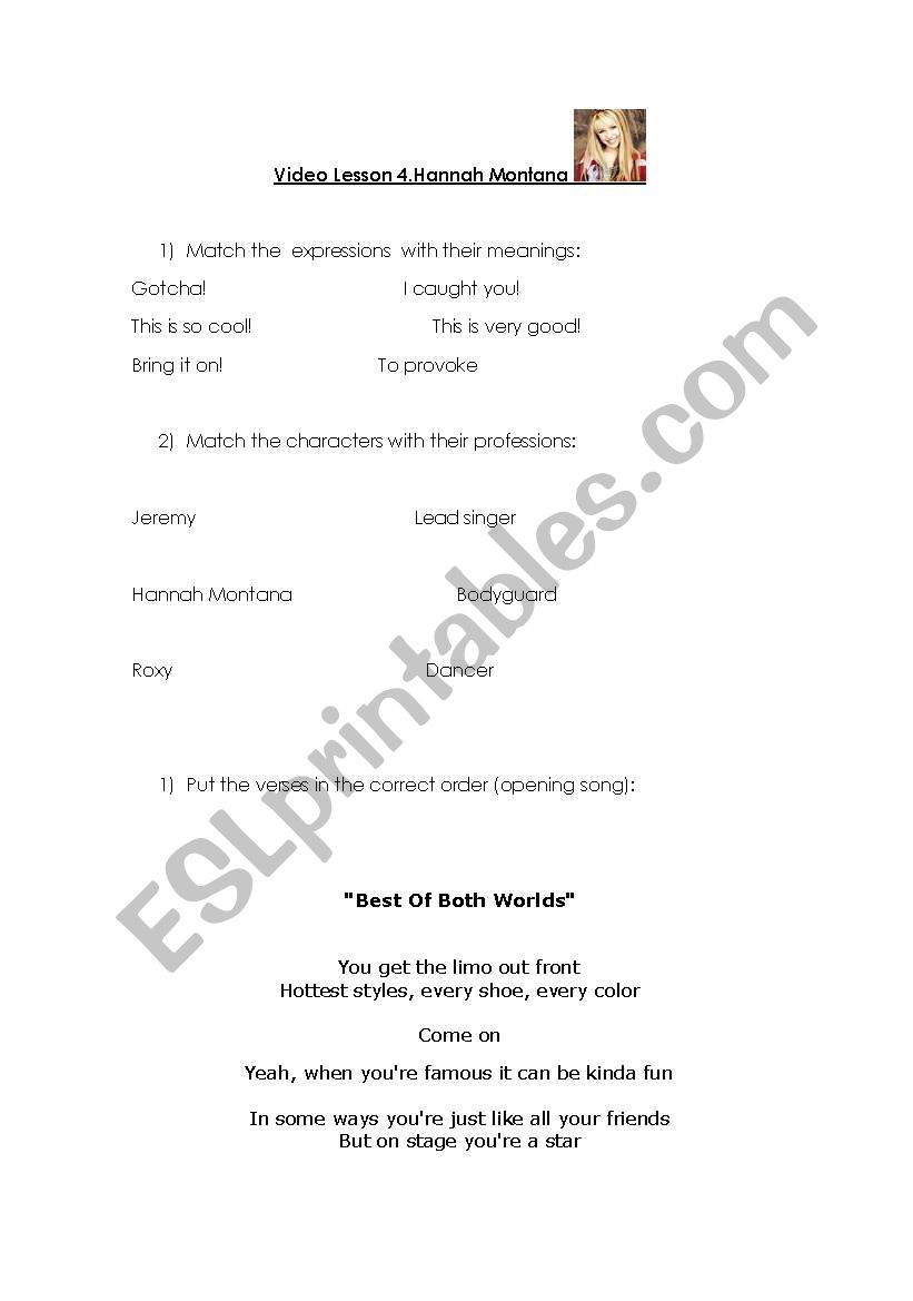 Video class: Hannah Montana worksheet