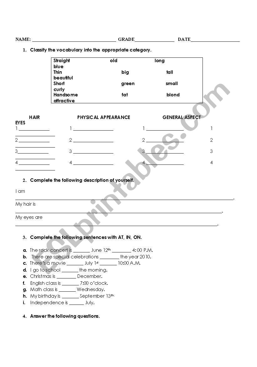 PREPOSITIONS OF TIME IN AT ON worksheet