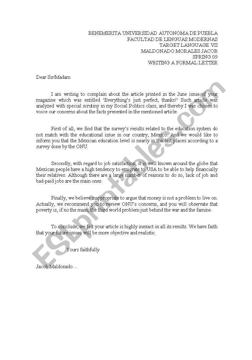 Letter In English Formal from www.eslprintables.com