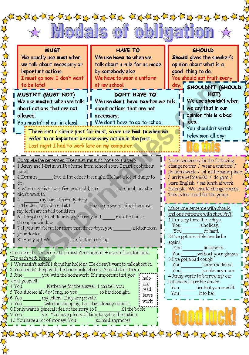 Modals of obligation worksheet