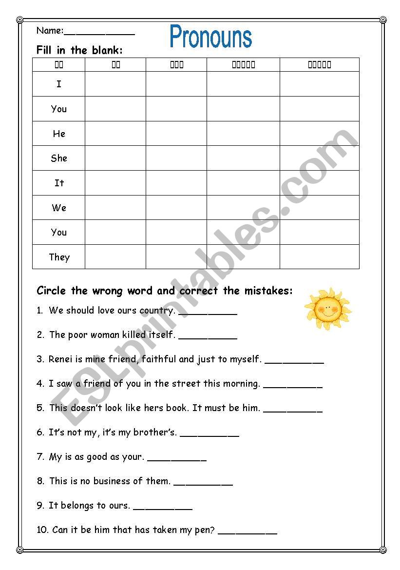 Pronouns worksheet