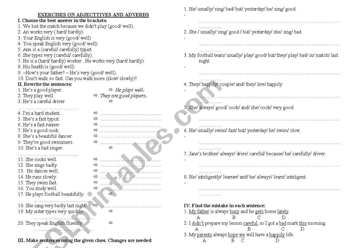 Exercises on Adj and Adv 1 worksheet