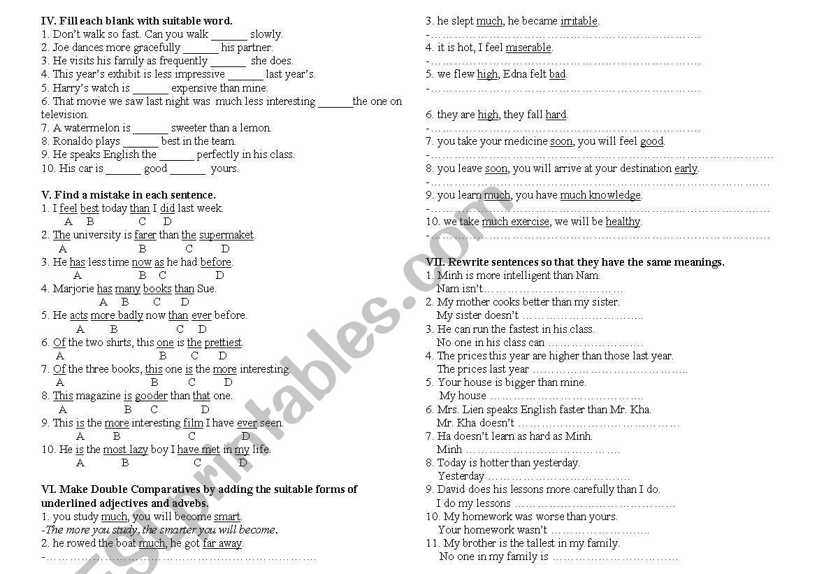 Exercises on Adj and Adv 2 worksheet