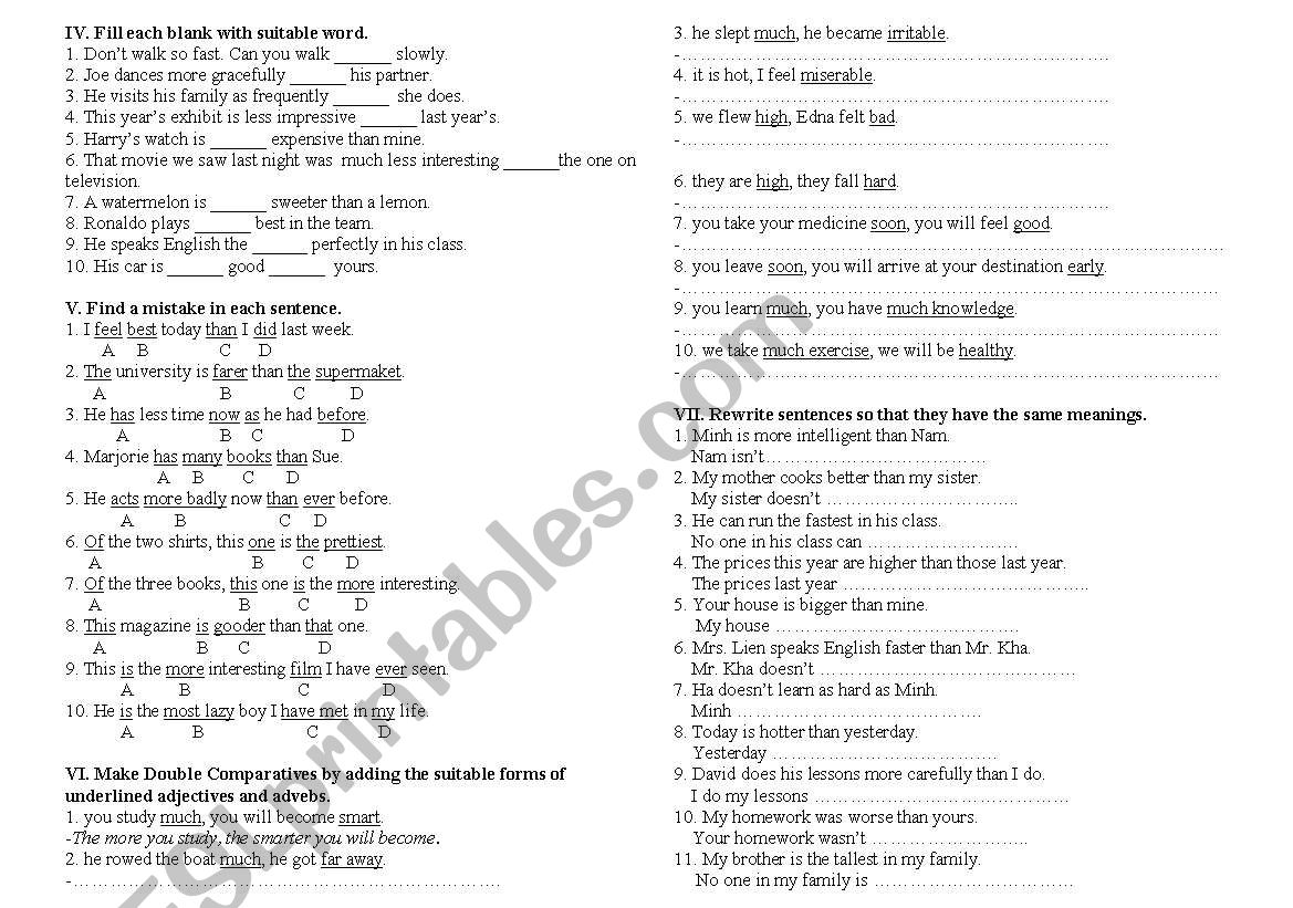 Exercises on Adj and Adv 2 worksheet