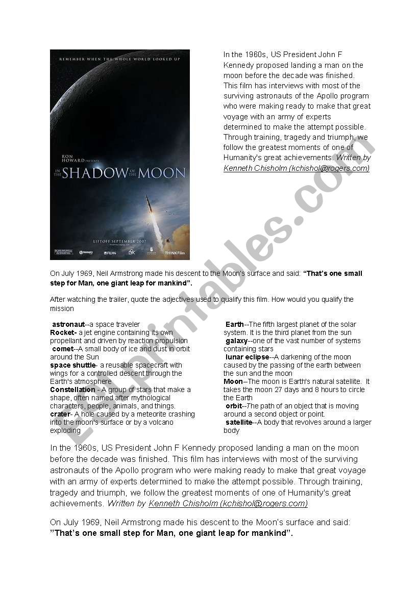 ON THE SHADOW OF THE MOON worksheet