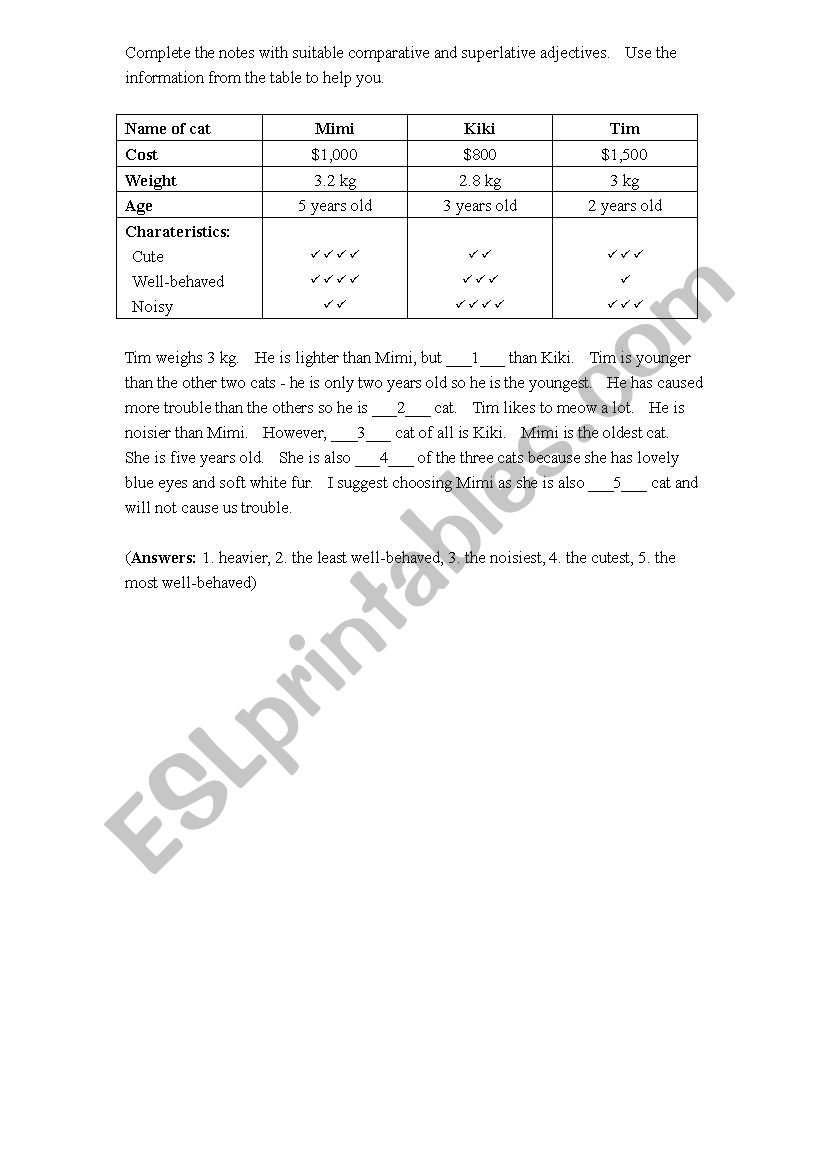 Comparative and Superlative worksheet