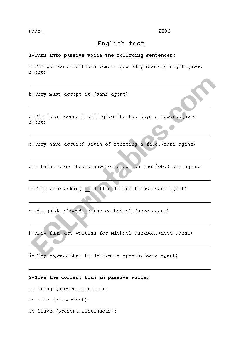 Passive voice test worksheet