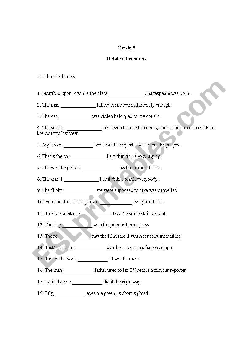 Relative Pronouns worksheet