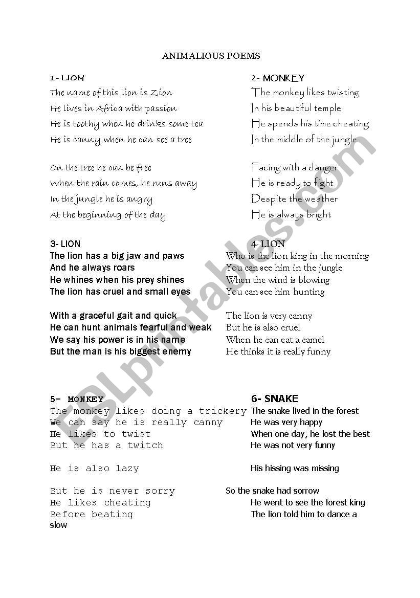 animalious poems worksheet