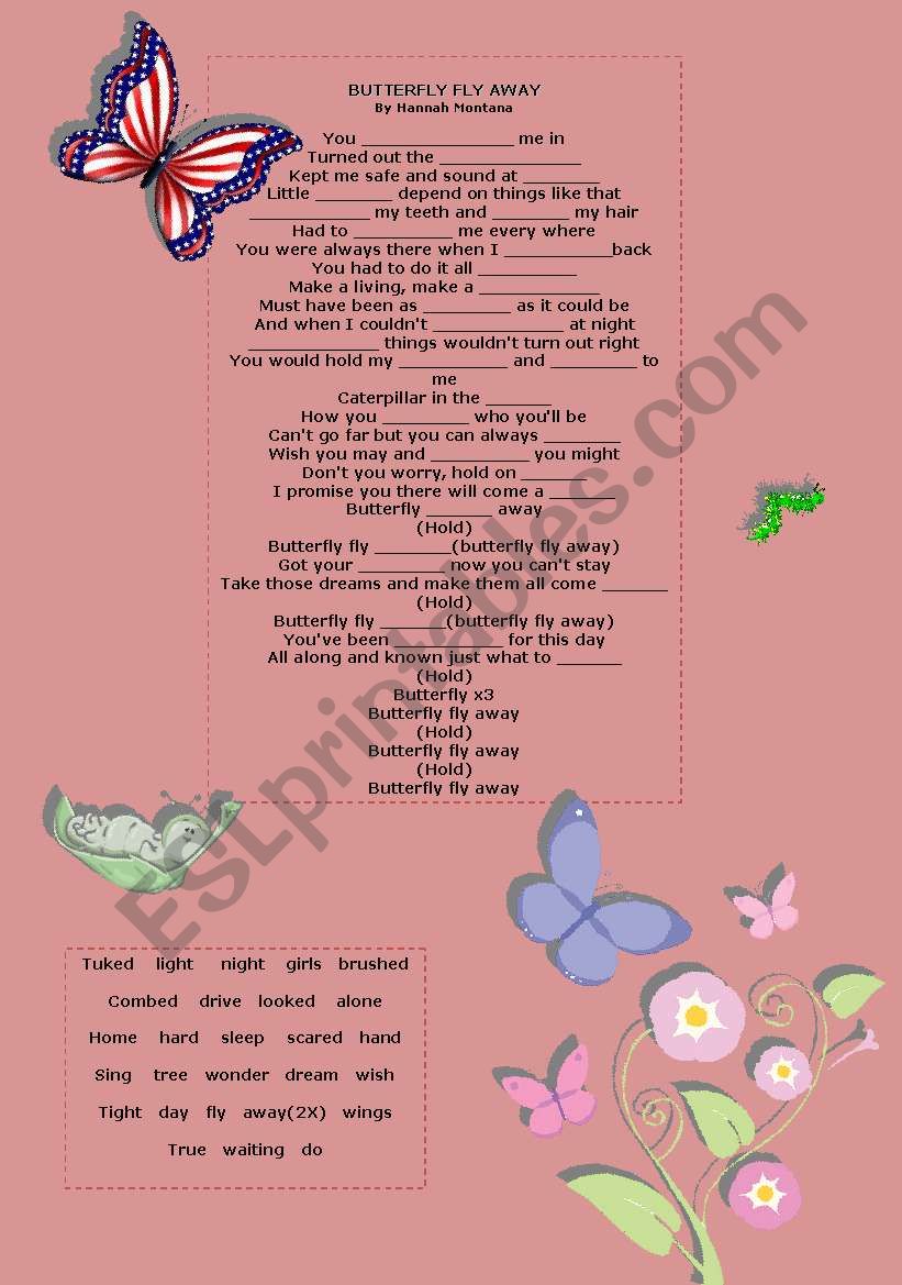 Butterfly Fly Away Song worksheet