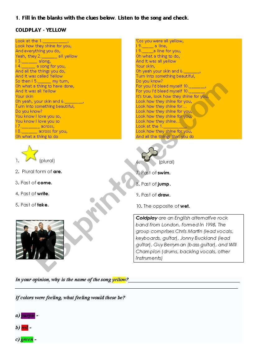 SONG YELLOW - COLDPLAY  worksheet