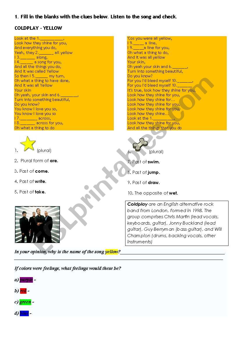 SONG YELLOW - COLDPLAY worksheet