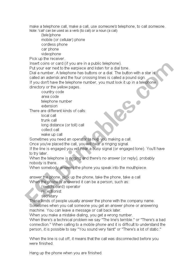 telephone vocabulary worksheet