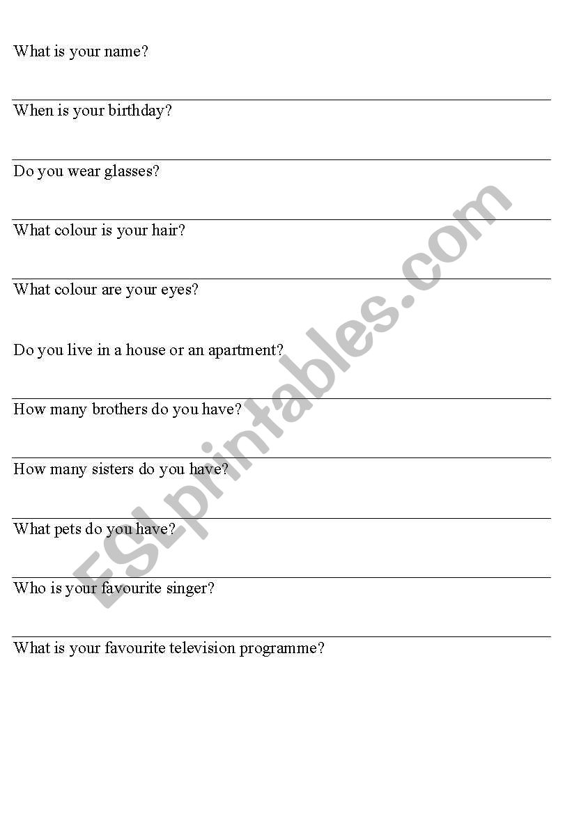 English worksheets: Simple questions for children to answer about ...