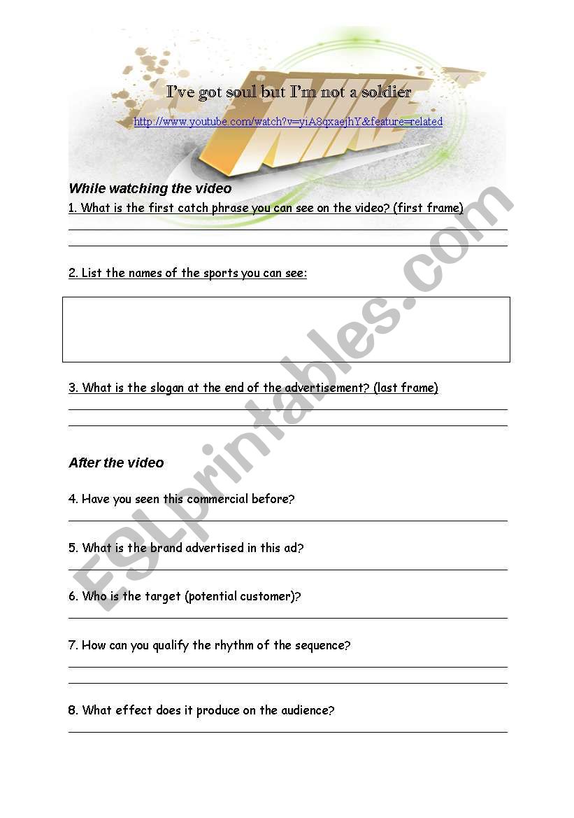 Nike commercial  worksheet