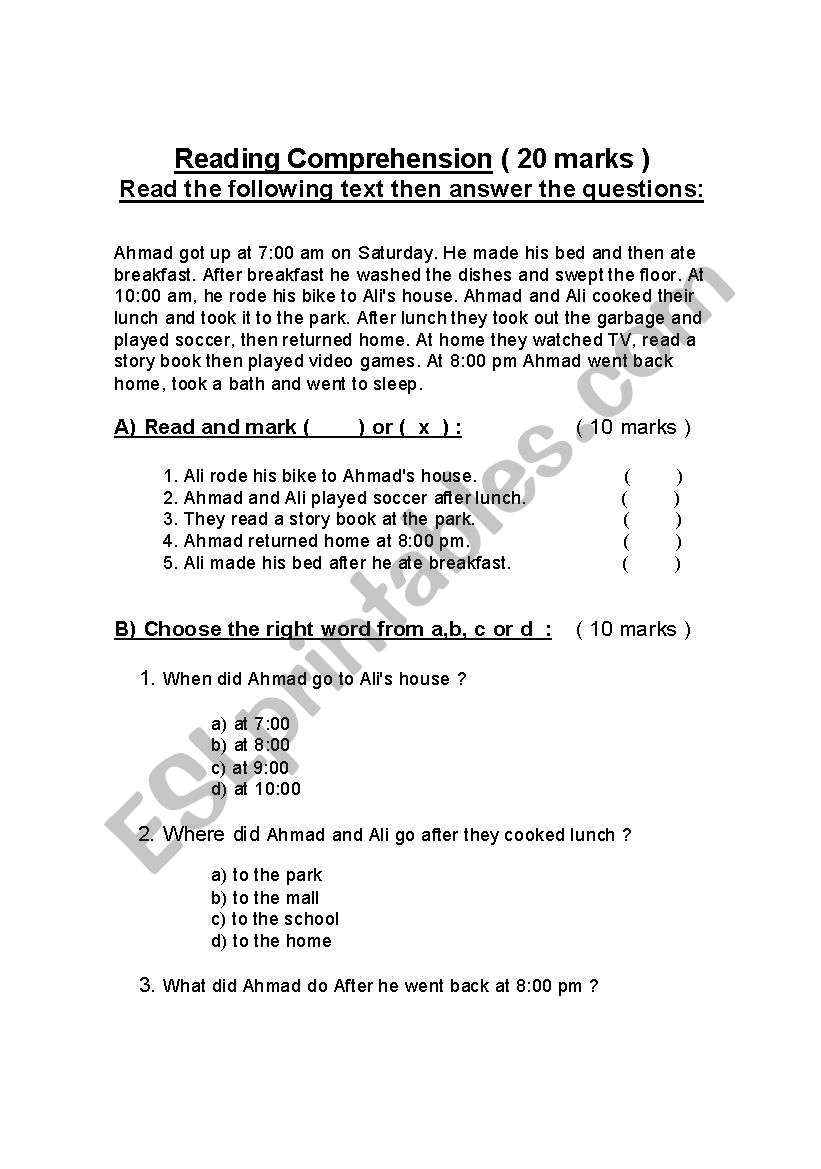Read and Answer worksheet