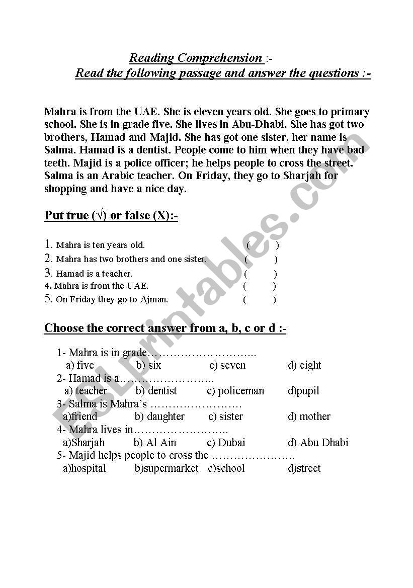 Reading Comprehension worksheet