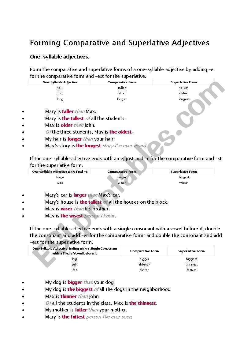 Comparative and Superlative worksheet