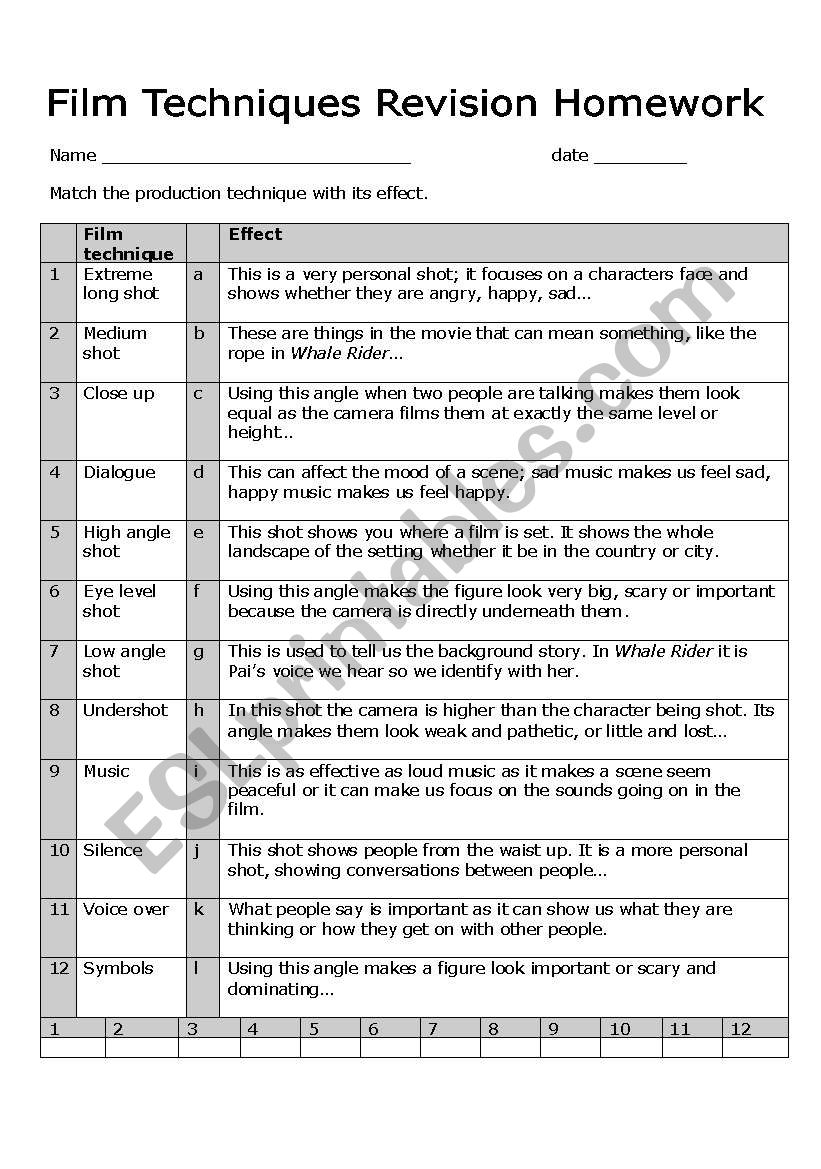 Film Techniques Revision worksheet