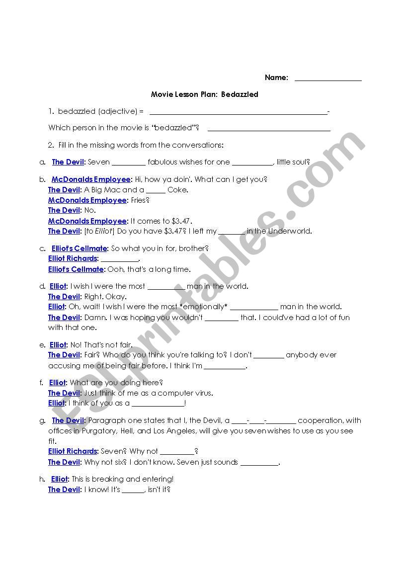 Bedazzled Movie lesson plan worksheet