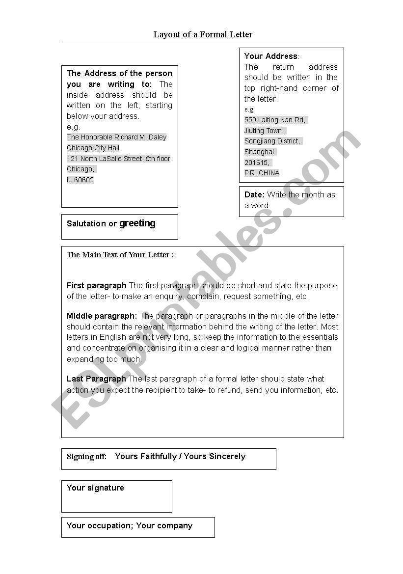 Layout of formal writing (1) worksheet