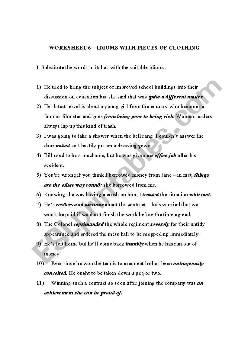 worksheet for idioms- pieces og clothing