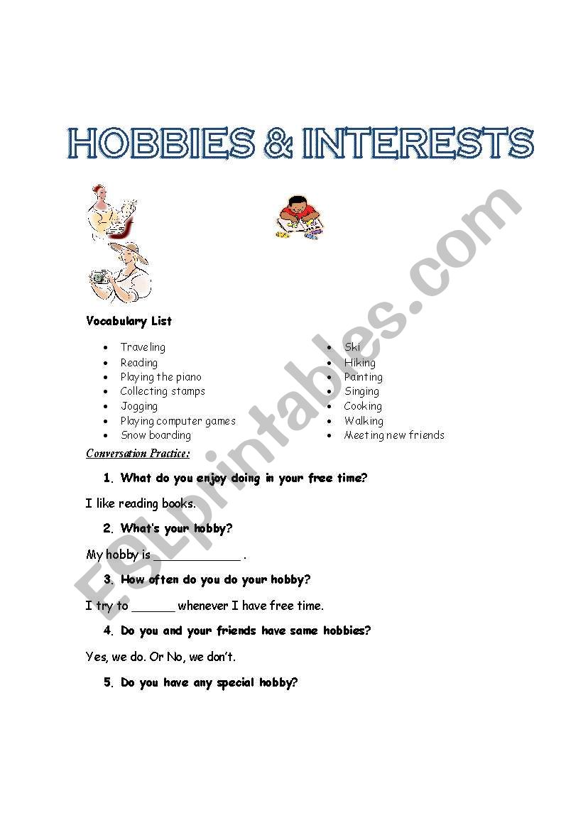 Hobbies and Interests worksheet