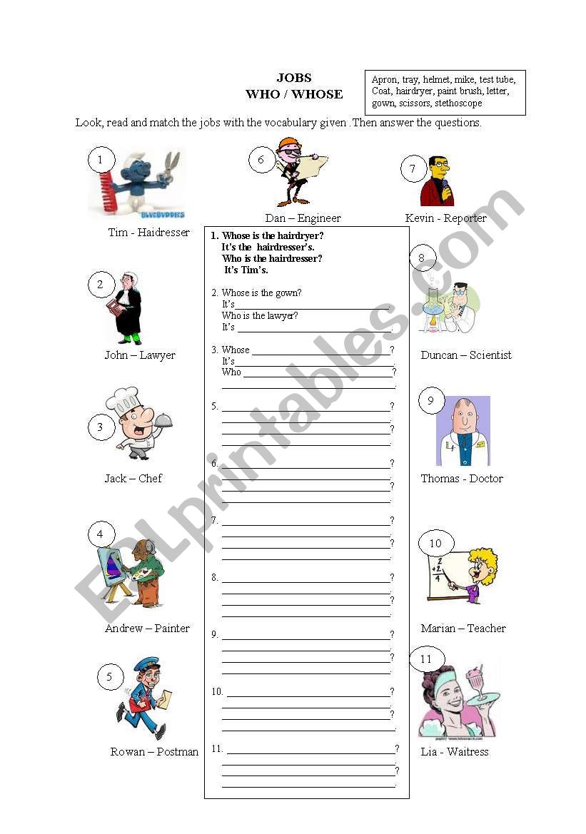 Jobs and related vocabulary worksheet