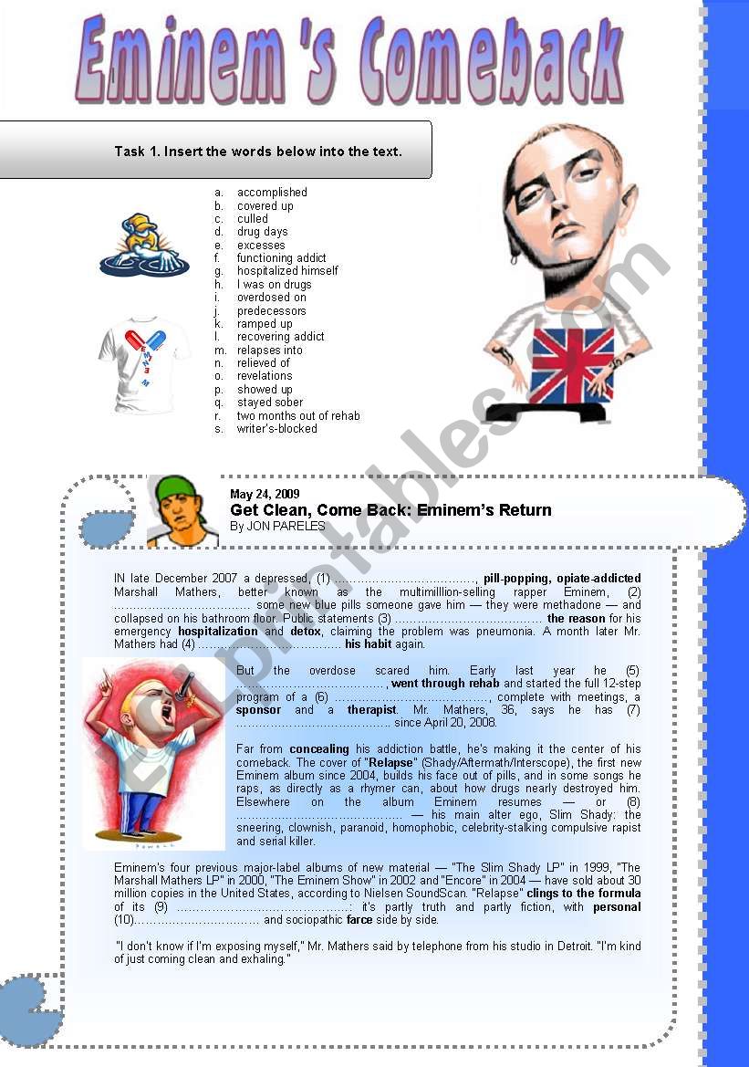 EminemÂ´s Comeback (Gapfill) worksheet