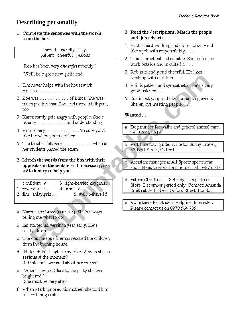 describing personality worksheet