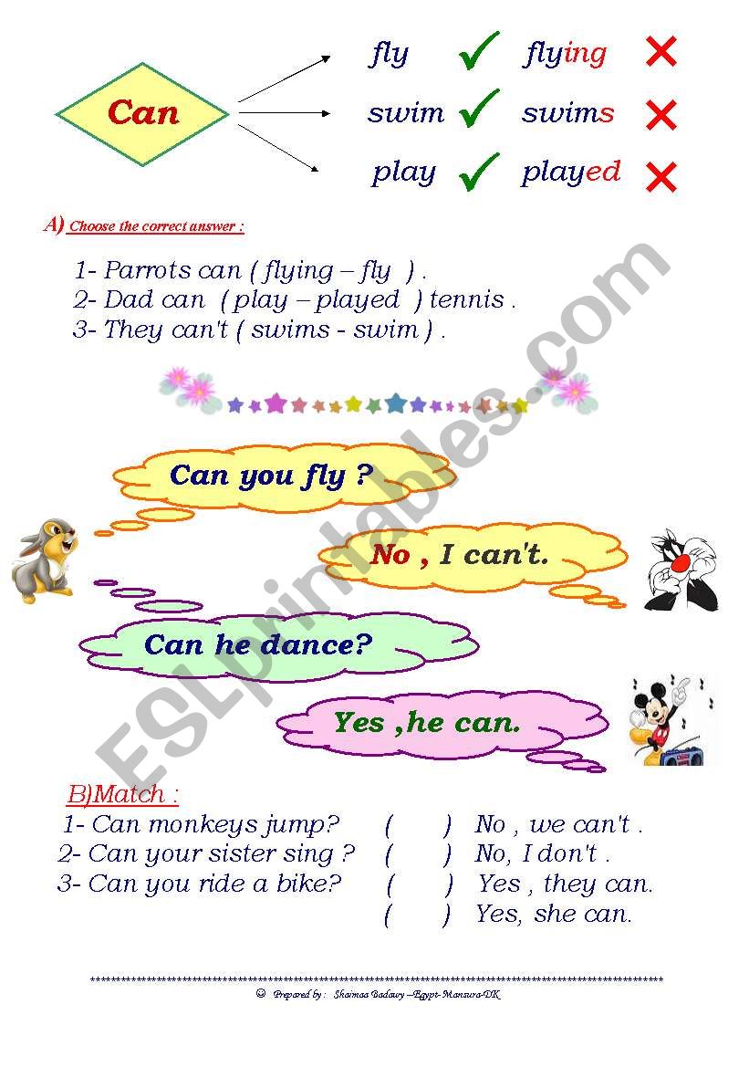 using the Auxiliary verb(Can) in sentences or questions.