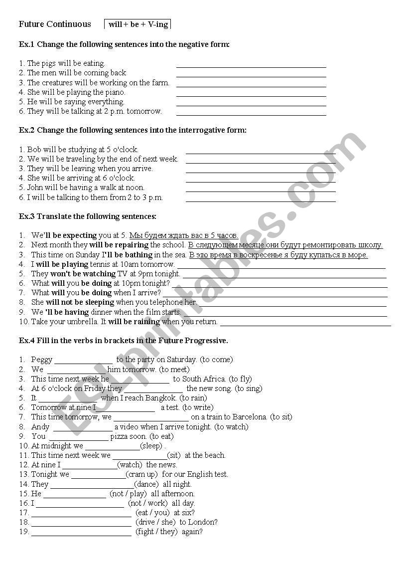 Future Continuous exercises worksheet