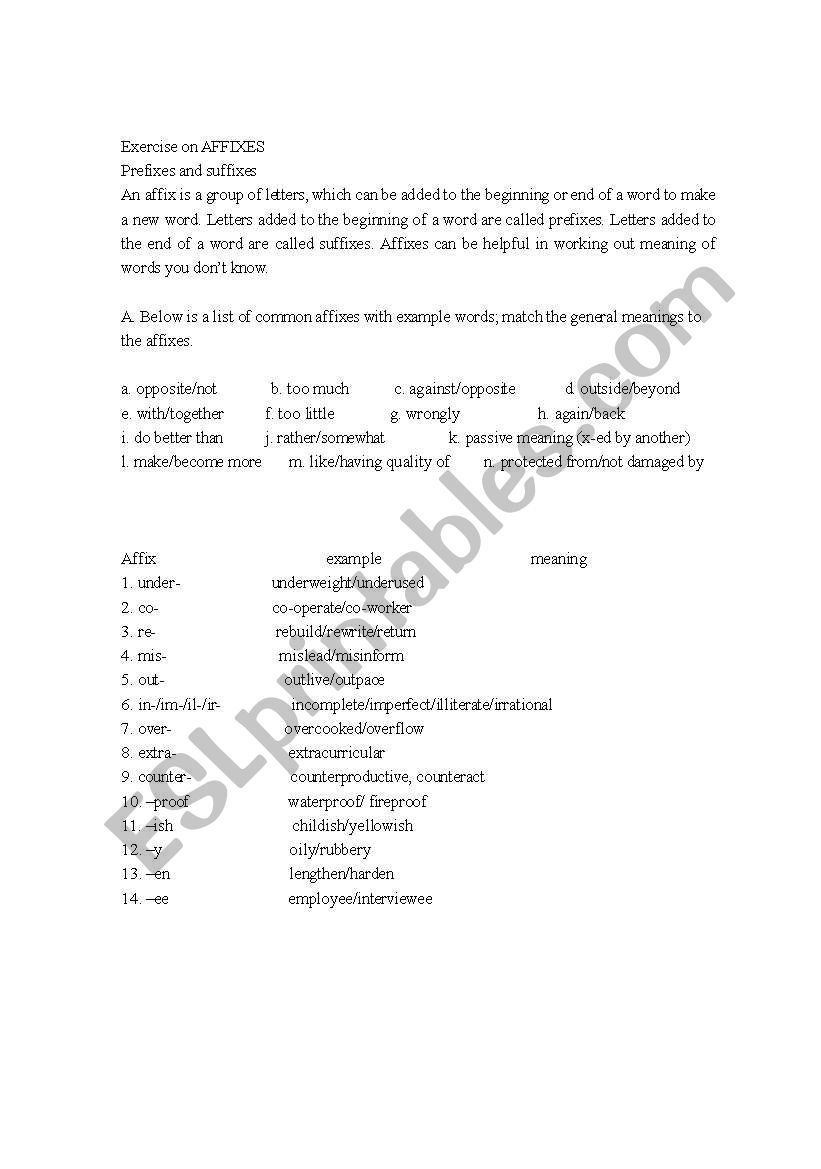 Use of affixes worksheet