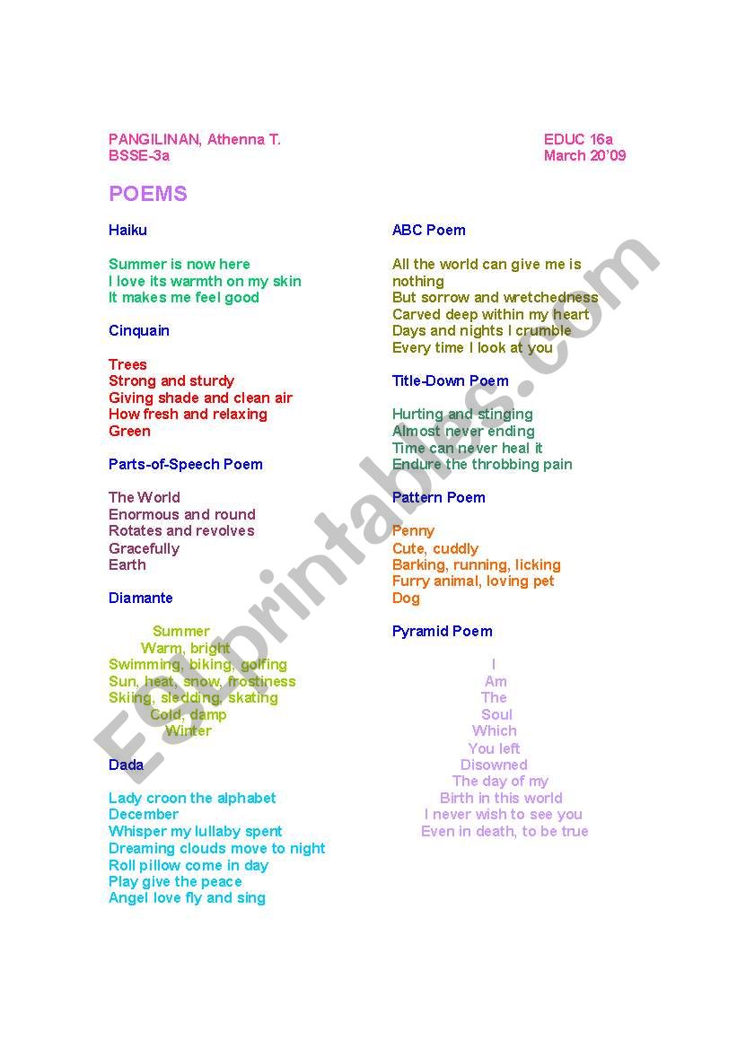 different poems worksheet