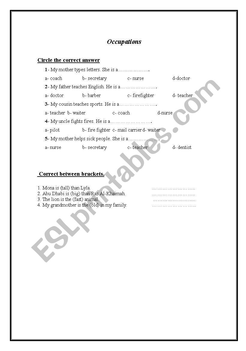 occupation worksheet