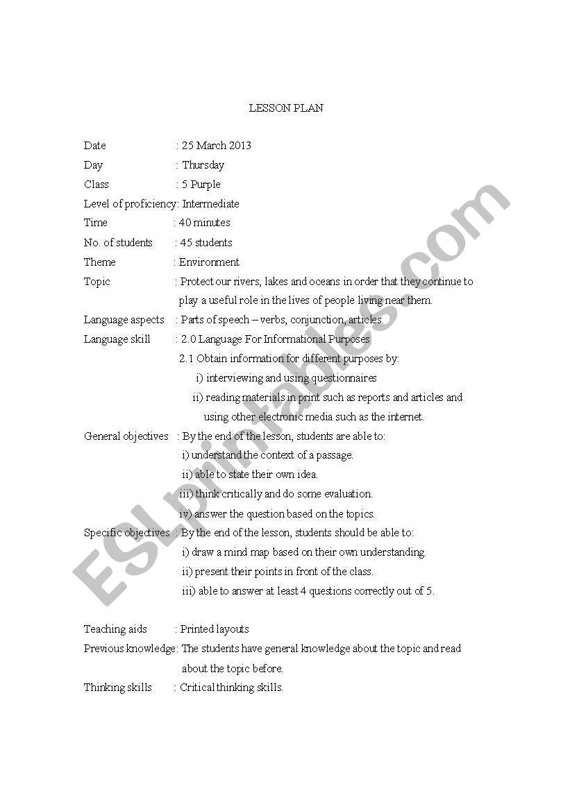 Reading Lesson Plan worksheet