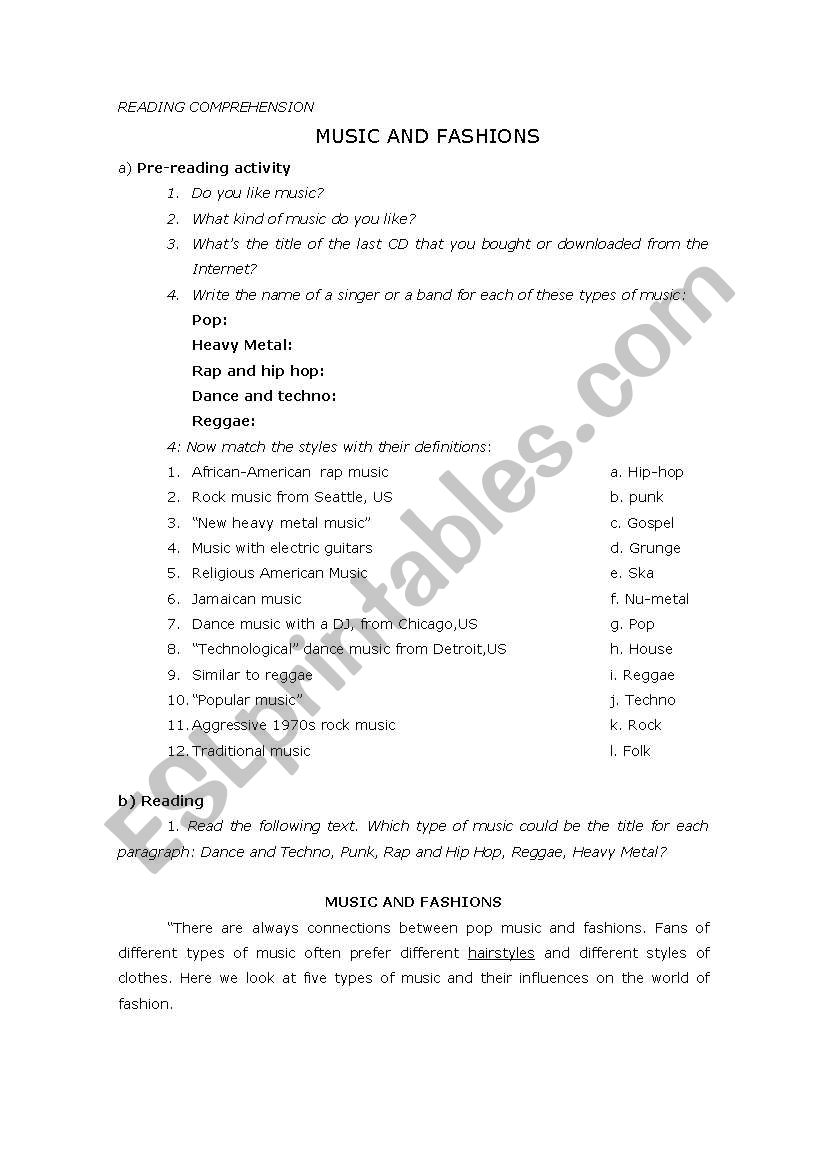 Music and fashion worksheet