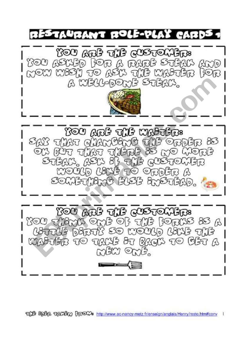 restaurant role play cards 1 worksheet