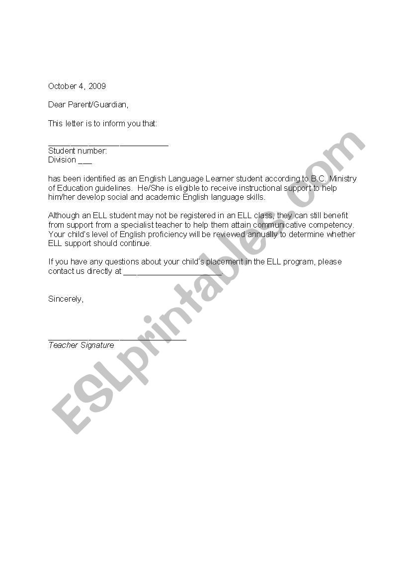 Letter home to ESL Parents worksheet