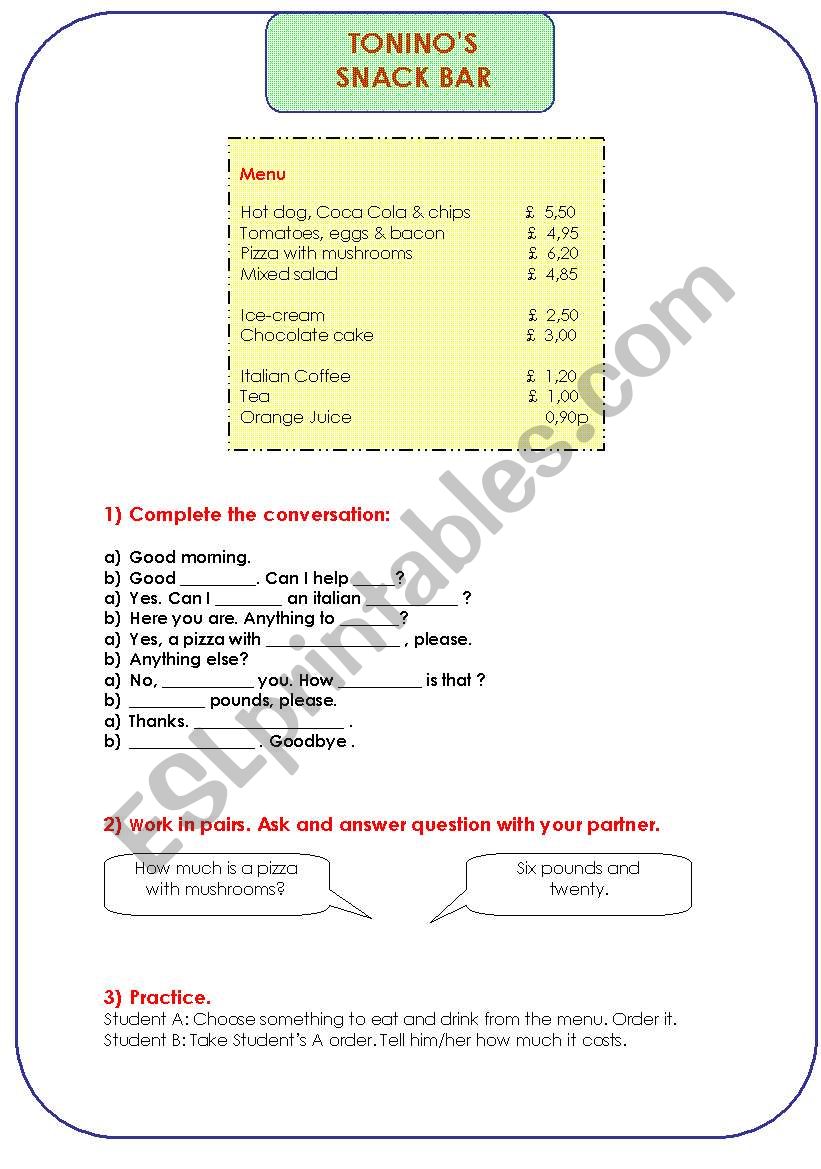 Toninos snack bar worksheet