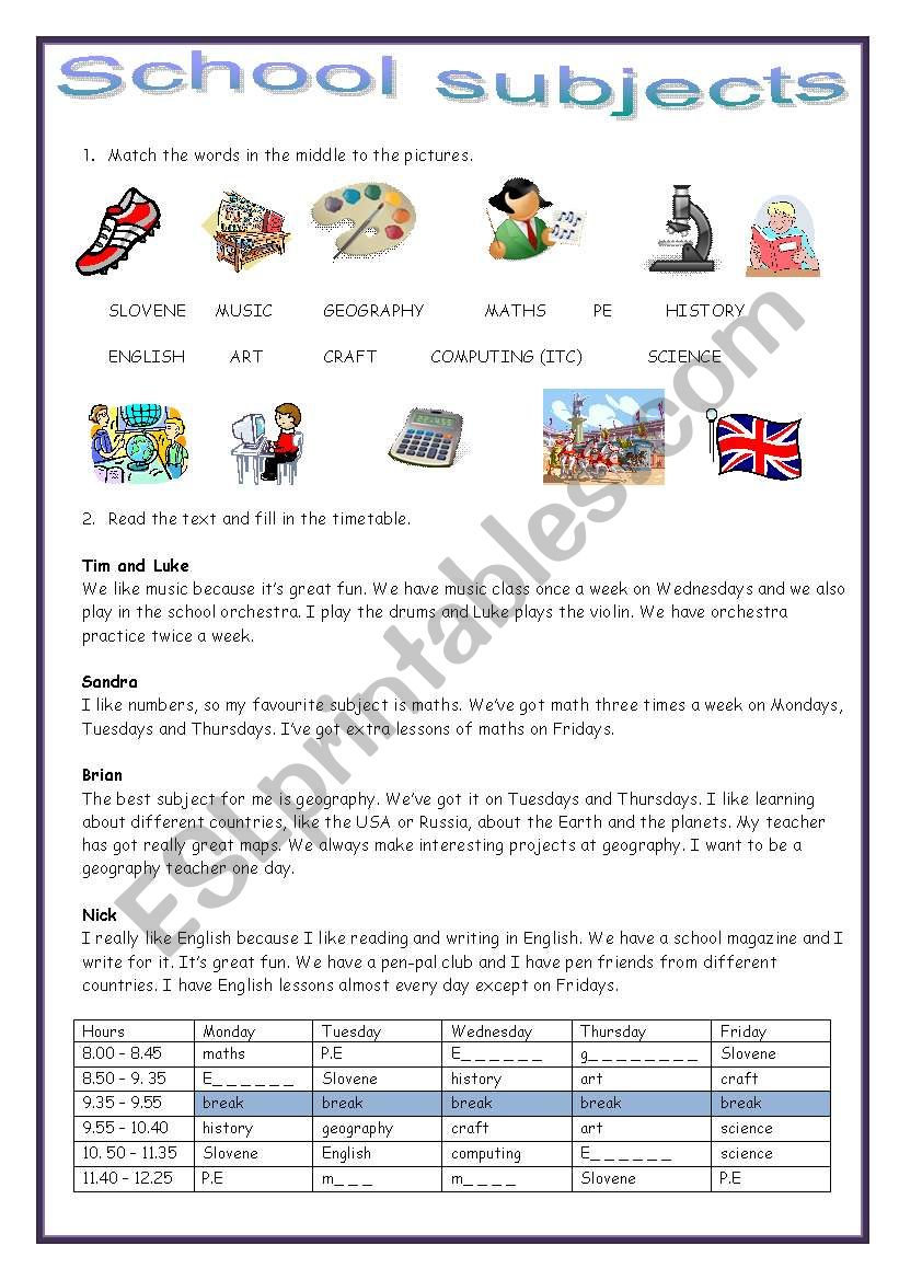 School subjects worksheet