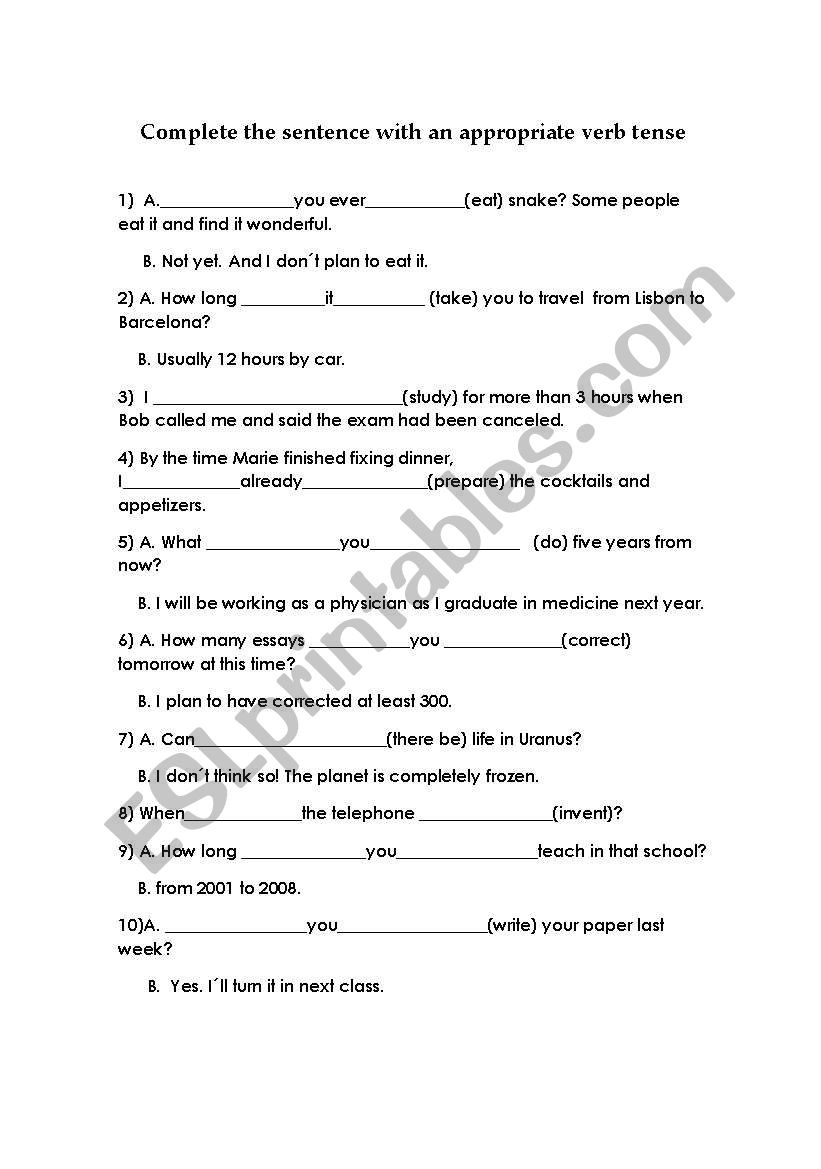 Verb tense review worksheet