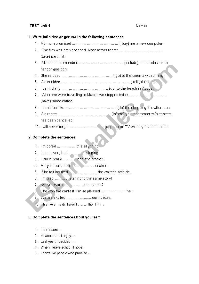 gereunds & infinitives worksheet