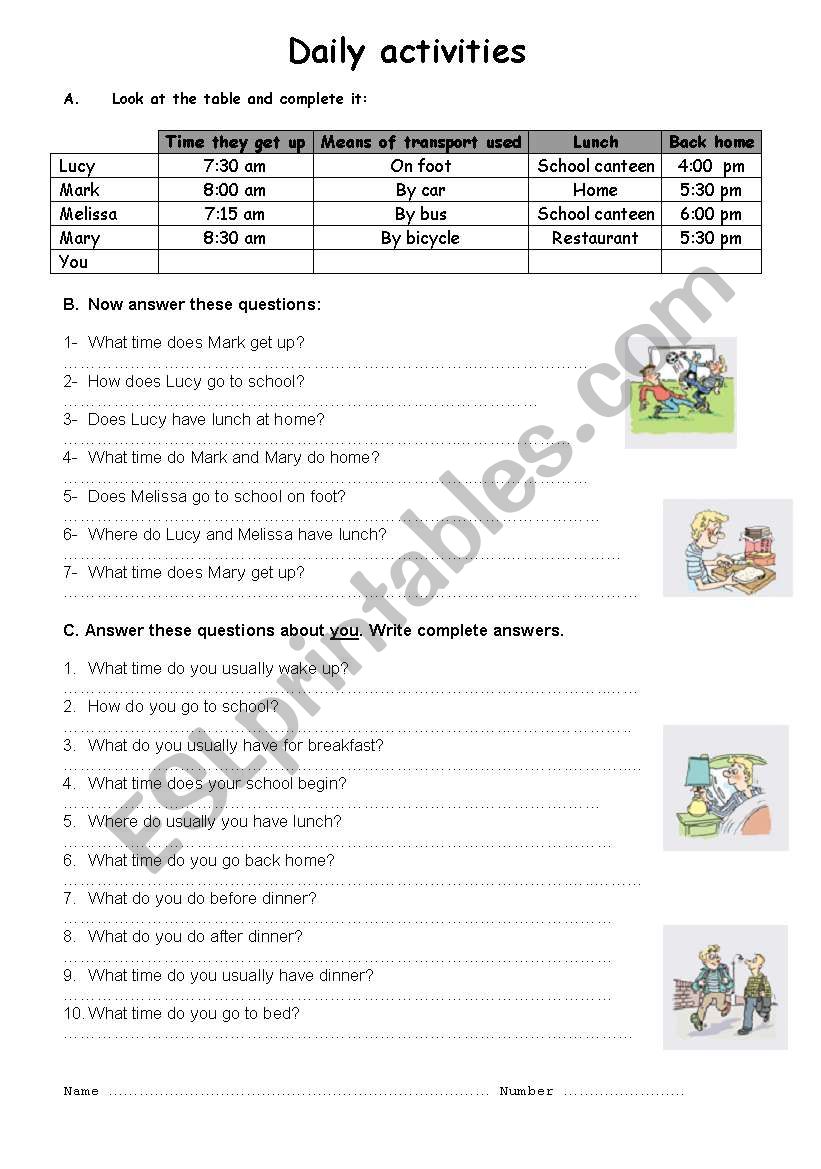 Daily activities worksheet