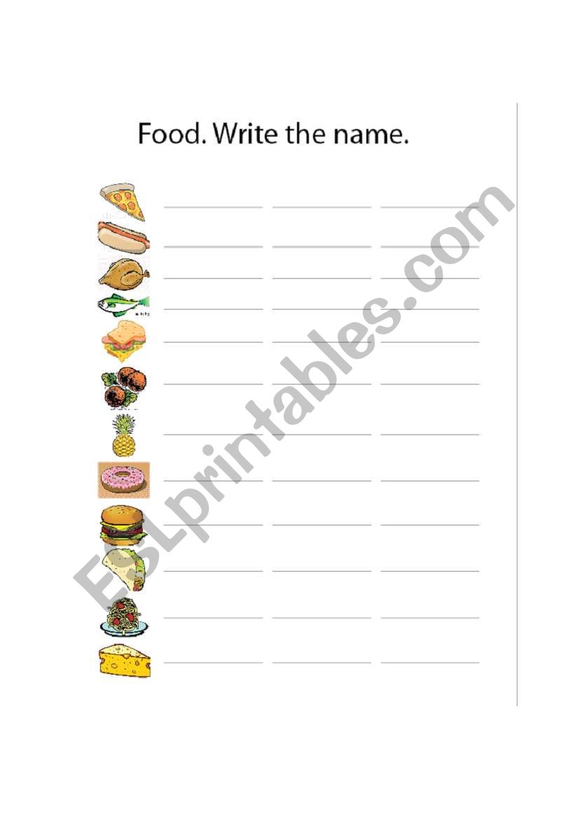 Food. Write the name worksheet