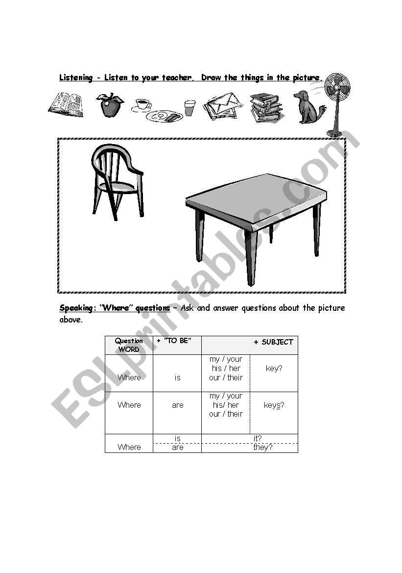 Picture dictation and preposition practice.