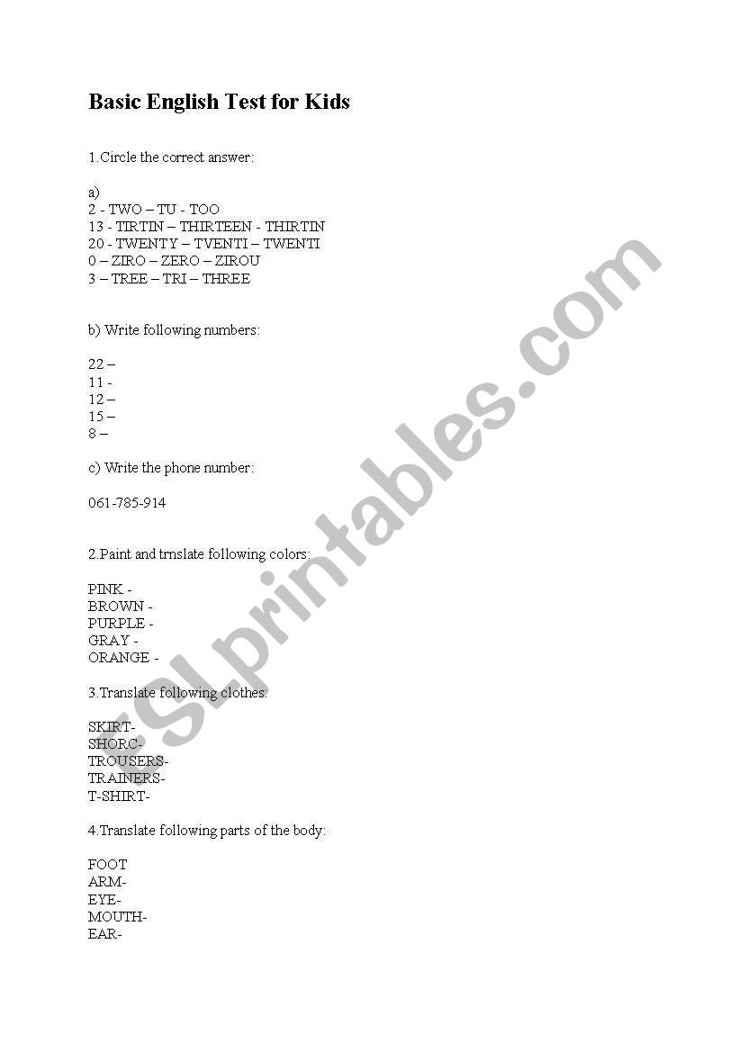 Basic English Test for Kids worksheet
