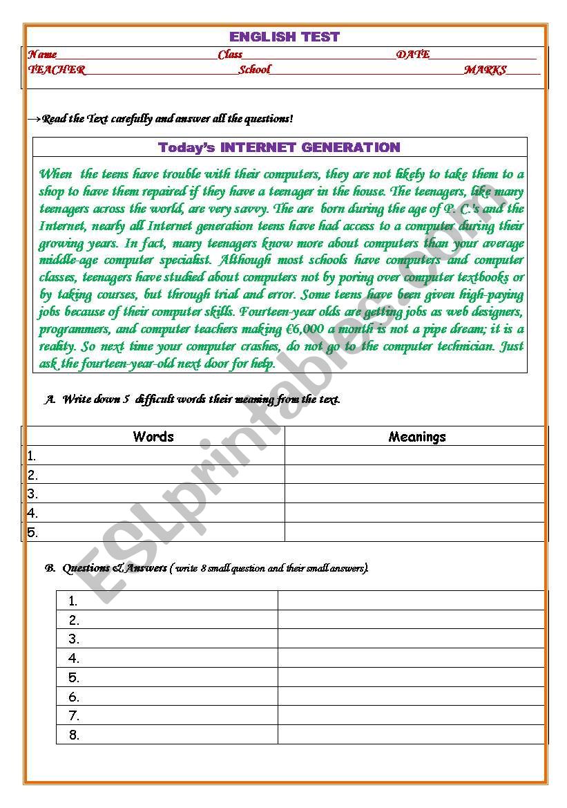ENGLISH TEST (Todays INTERNET GENERATION) 2009